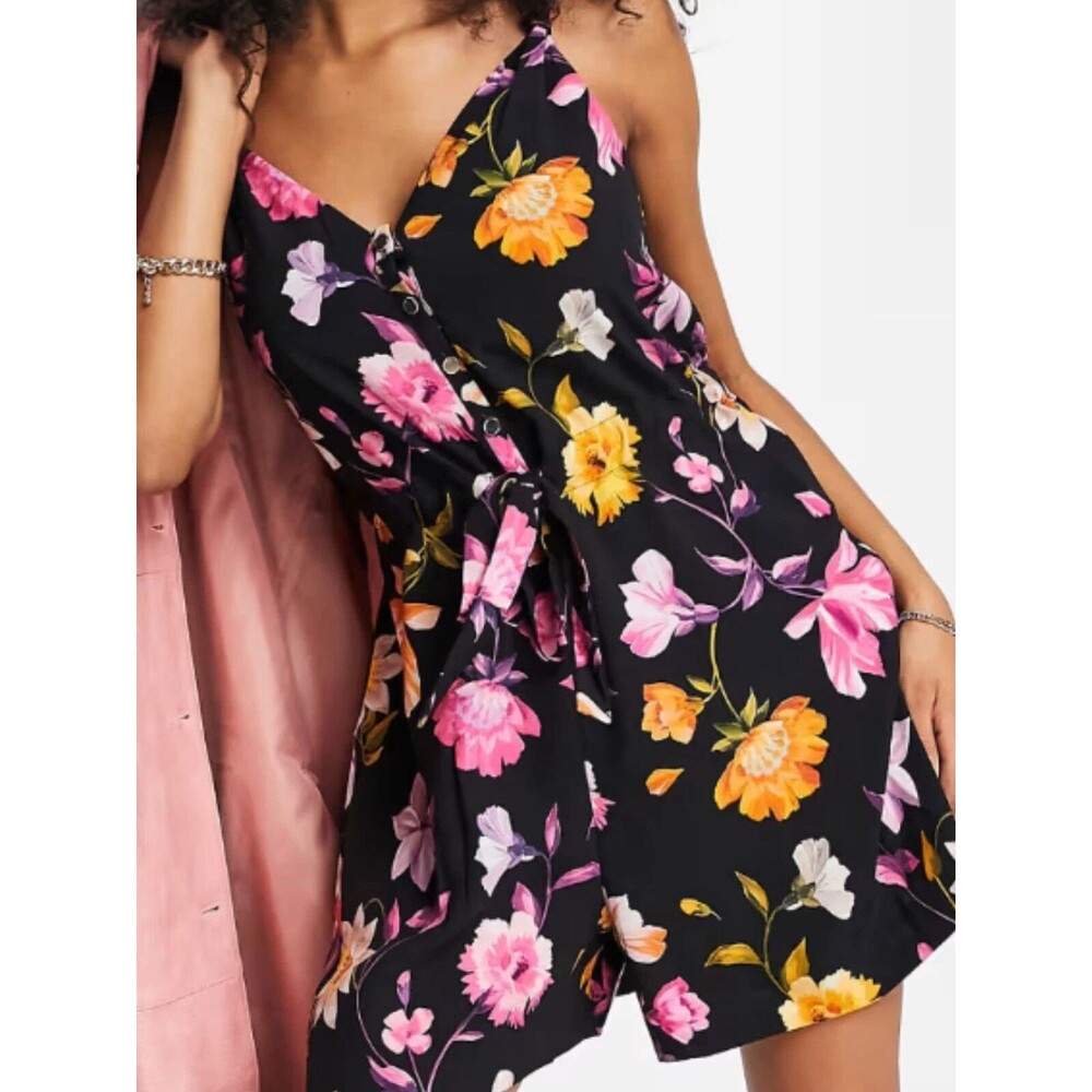 Ted Baker Dayna Romper Womens 3 Sm Med Black Floral Wrap V Neck Tie Belt Pockets